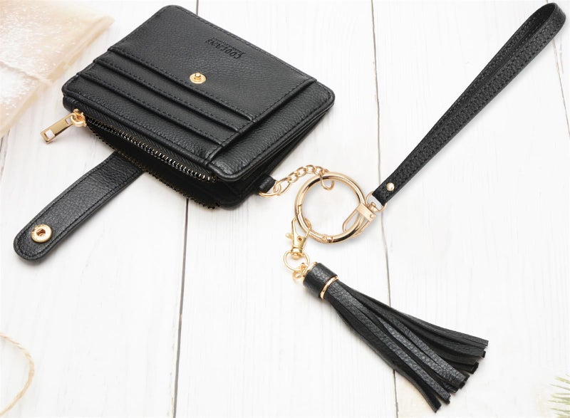 COOLANS Wristlet Bracelet Keychain Card Holder Card Pocket PU Leather Purse Tassel Keychain Bangle Key Ring for Women Girls (Card & Id Holder Purse 09 Litchi Pattern Black) - Image 4